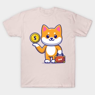 Cute Shiba Inu Dog With Gold Coin And Suitcase Cartoon T-Shirt